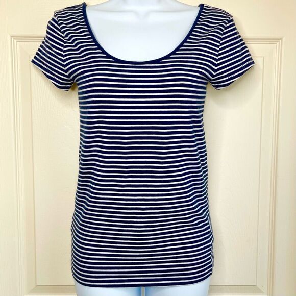 GAP Factory Fitted Stretch Scoop Short Sleeve Tee (Navy/White Stripe) - Small - Picture 1 of 8